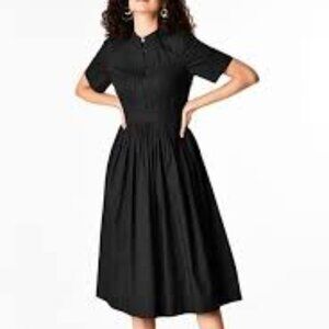 eshakti Black Pintuck Pleat Bib-Front Poplin Dress